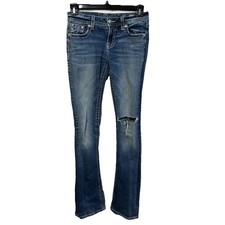 Miss Me Denim Blue Jeans Low Rise Boot 27 Distressed Stretch Bling Bejeweled