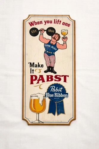 Beautiful Vintage Pabst Blue Ribbon Beer Weightlifter Muscleman Wood Sign