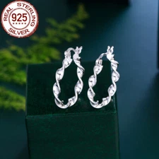 Stunning White Sterling Silver 925 Round Twisted Shaped Tennis Hoop Earrings