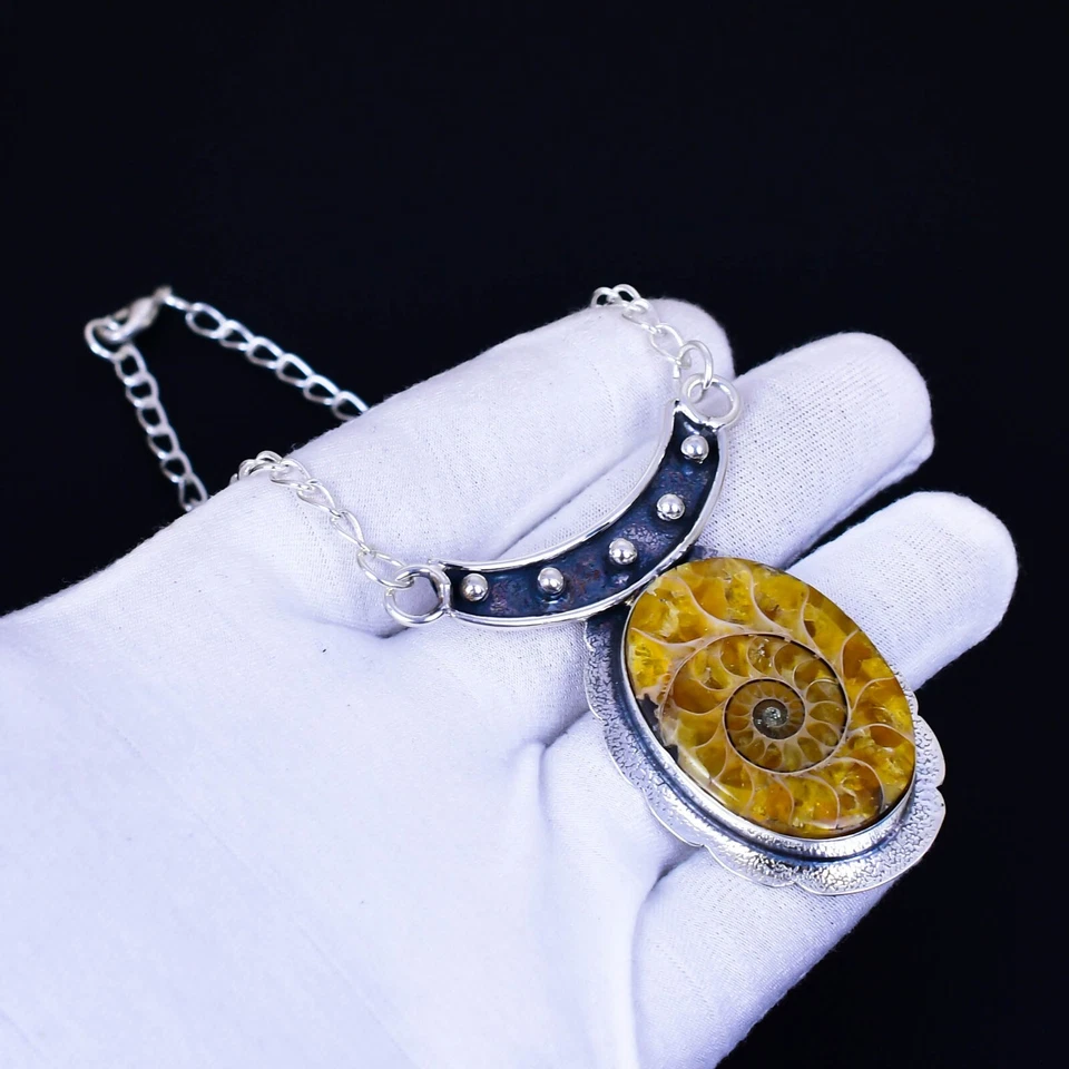Natürlich Ammonit Edelstein Anhänger 925 Sterlingsilber Halskette Für Hochzeit - Bild 2 von 4