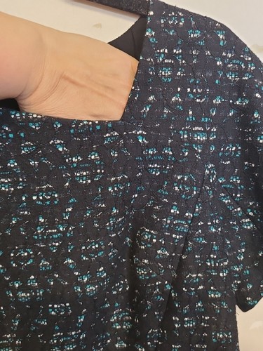Maggy London - 14 Black Blue White Tweed Shift Dress Lined Slit Asymetrical Neck - Picture 4 of 10