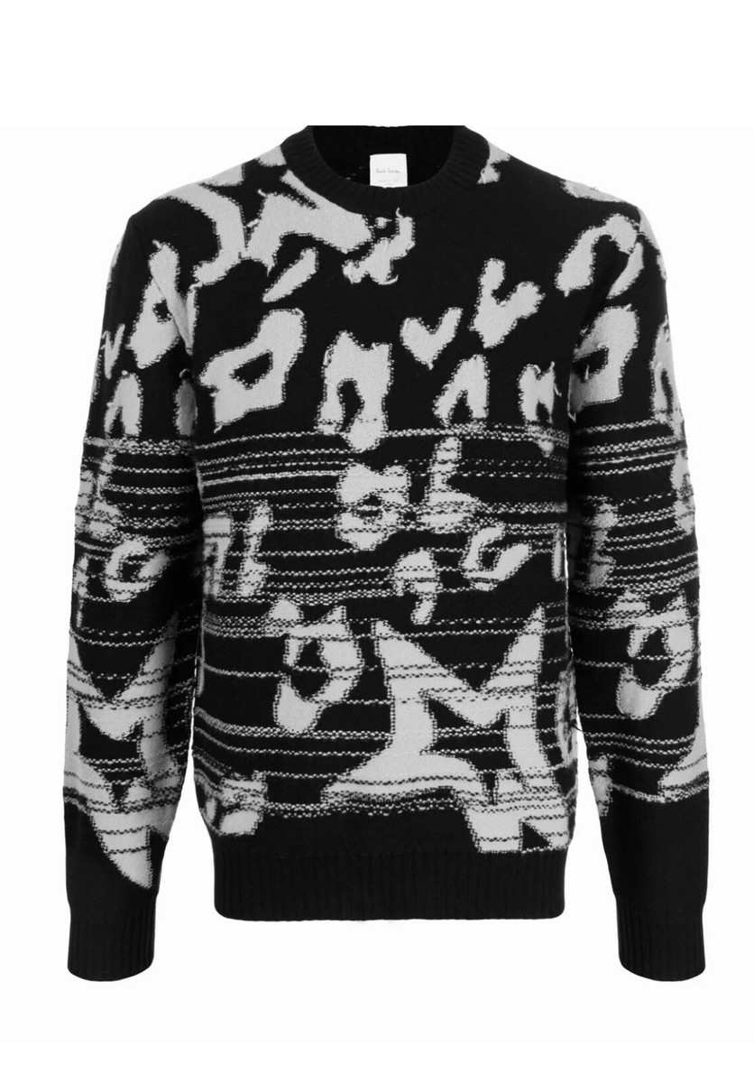 Designer Paul Smith Black White Lambswool Crew Neck Pullover S