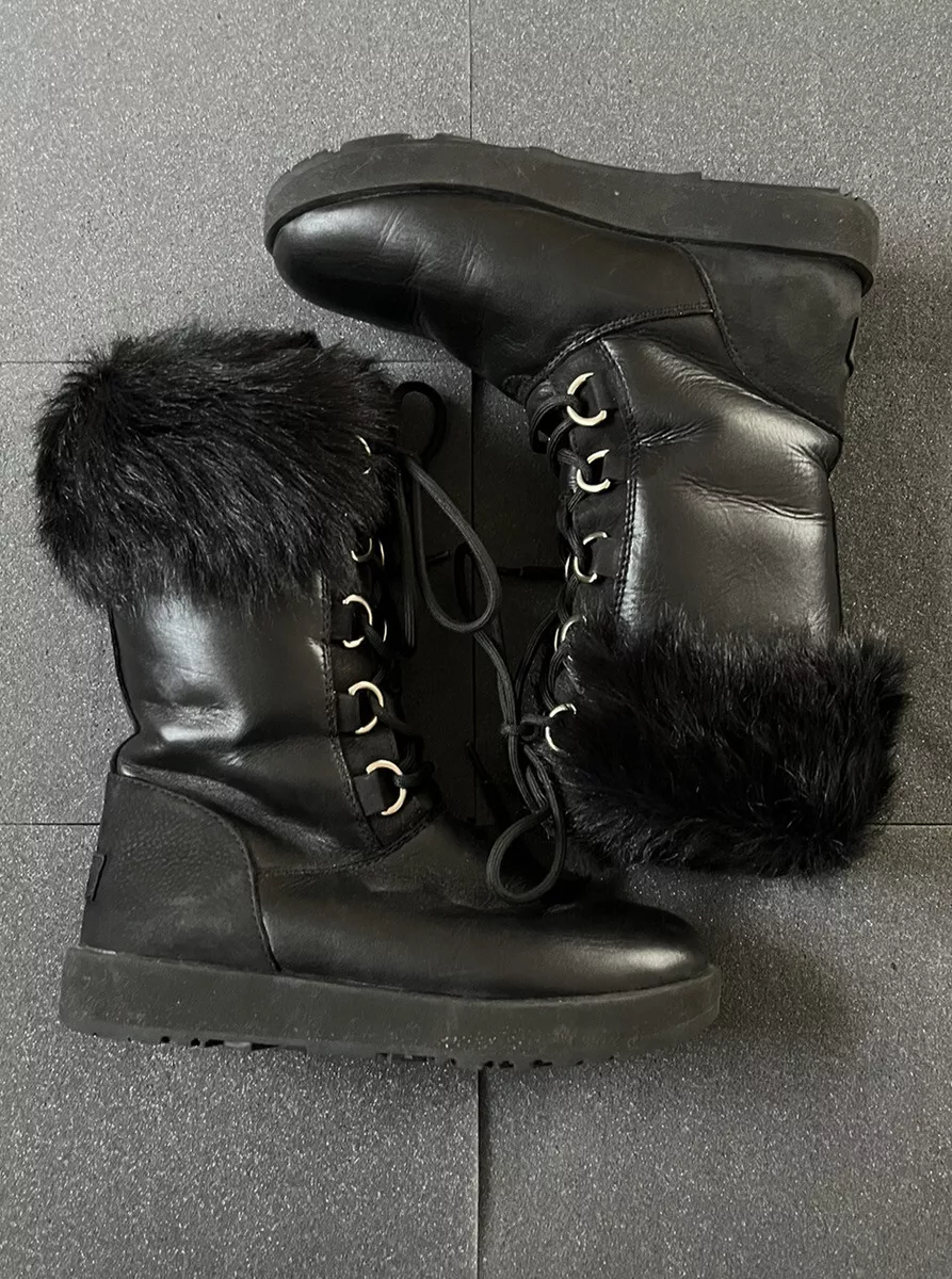 UGG Aya Black Waterproof Leather Toscana Cuff Snow Tall Boots Size 7 Women