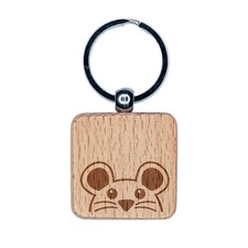 Peeking Mouse Engraved Wood Square Keychain Tag Charm