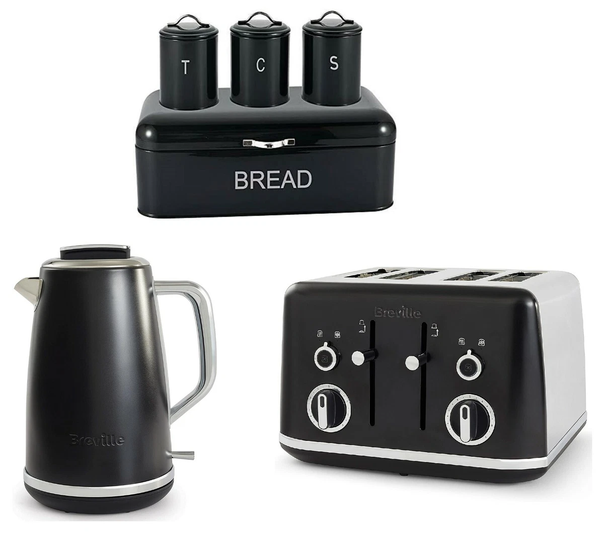 Black Set Four Slice Toaster and Jug Kettle Breville with Storage