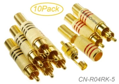 CABLESONLINE 10-Pack RCA Solder Type Gold Plated Connector w/Spring Strain Relief, CN-R04RK-5