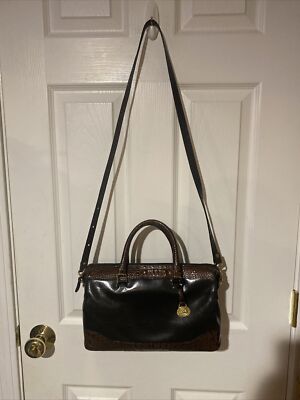 Brahmin Tuscan Black and Brown Croc Embossed Leather Satchel