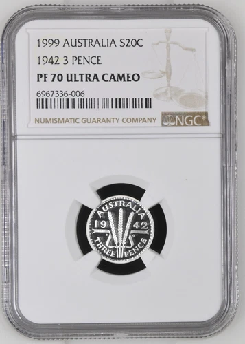 1999 AUSTRALIA SILVER PROOF 20 CENT COIN 1942 3 PENCE - NGC PF 70 ULTRA CAMEO