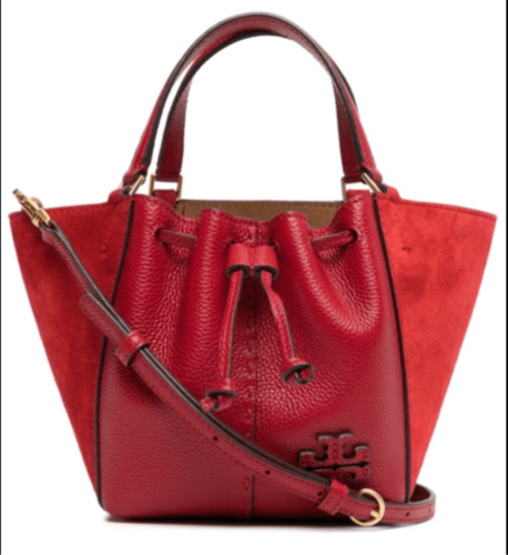 TORY BURCH Mcgraw Mini Dragonfly Leather Bucket Tote Adjustable Crossbody In Red