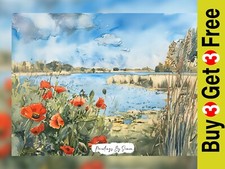 Lakeside Poppy Watercolor, Watercolor Painting Print 5"x7" on Matte Paper