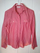 Vintage Laura Mae Women's Sz M Red Stripe Hidden Button Down Blouse Long Sleeve 