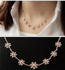 16 2" Stainless Steel Rose Gold 7 Daisy Flower Charms Womens Chain Necklace PE12