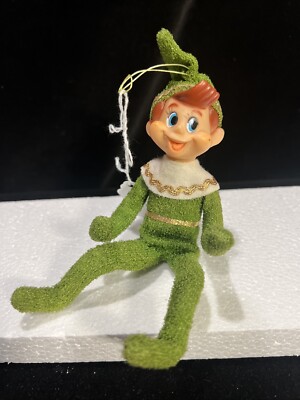 Vintage JAPAN GREEN Christmas Knee Hugger Pixie 7'' Elf 1960s ADORABLE Happy Guy