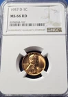 1957 D Uncirculated Lincoln Wheat Cent NGC MS 66 RD