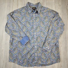CREMIEUX Premium Denim Men's Blue Paisley Print Long Sleeve Button Up Shirt 2XT