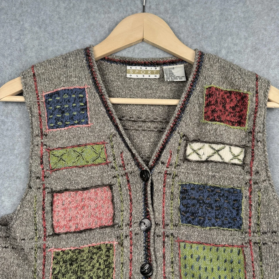 Vintage Sigrid Olsen Sport Sweater Vest Womens L Beige Patchwork Button Front - Image 3 of 4