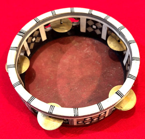 VINTAGE HAND MADE WOODEN EGYPTIAN TAMBOURINE/RIK WITH BRASS CYMBALS