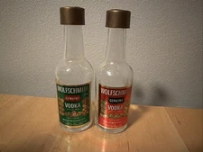 Wolfschmidt Vodka Salt & Peppers Shakers, Vintage Mini Glass Bottles Green & Red