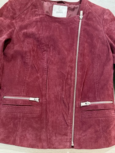 Mango MNG Suede Leather Moto Jacket Women’s US XXS silver hardware Burgundy - Picture 3 of 7