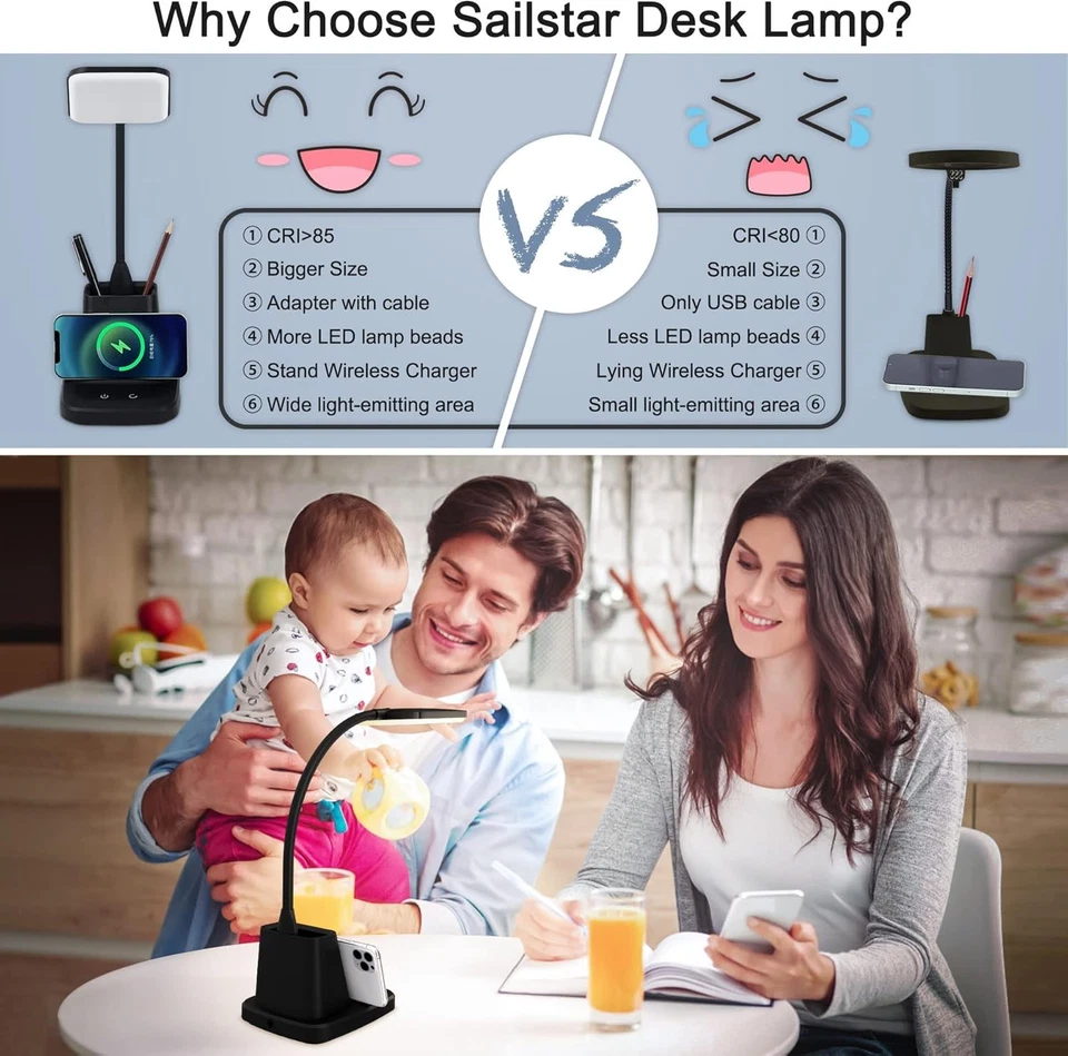 Desk Lamp, LED Desk Lamps for Home Office, Wireless Charger Small Desk Lamp with - Image 4 of 4
