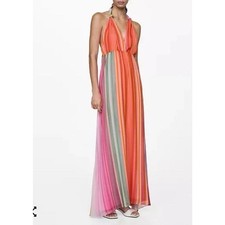 MNG by Mango Rainbow Striped Halter Maxi Dress Tie V-neck Sz 6