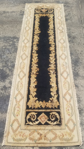 Vintage French Floral Needlepoint Handmade Multicolor Rug Wool Carpet 232x64 cm