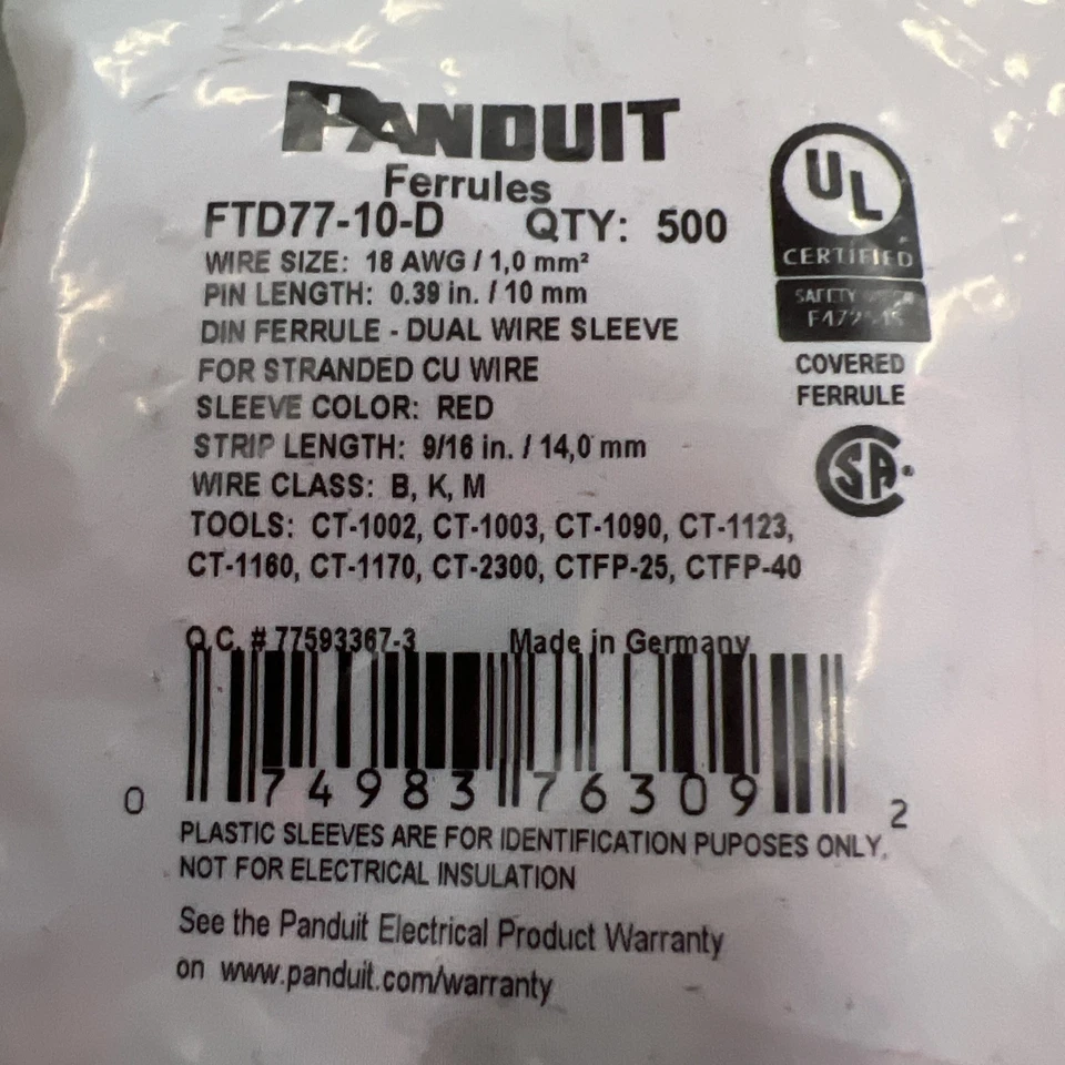 Panduit Ftd77-10-D Ferrule, 18 Awg, Pp, 9 /16In.  500 PCS - Image 2 of 4