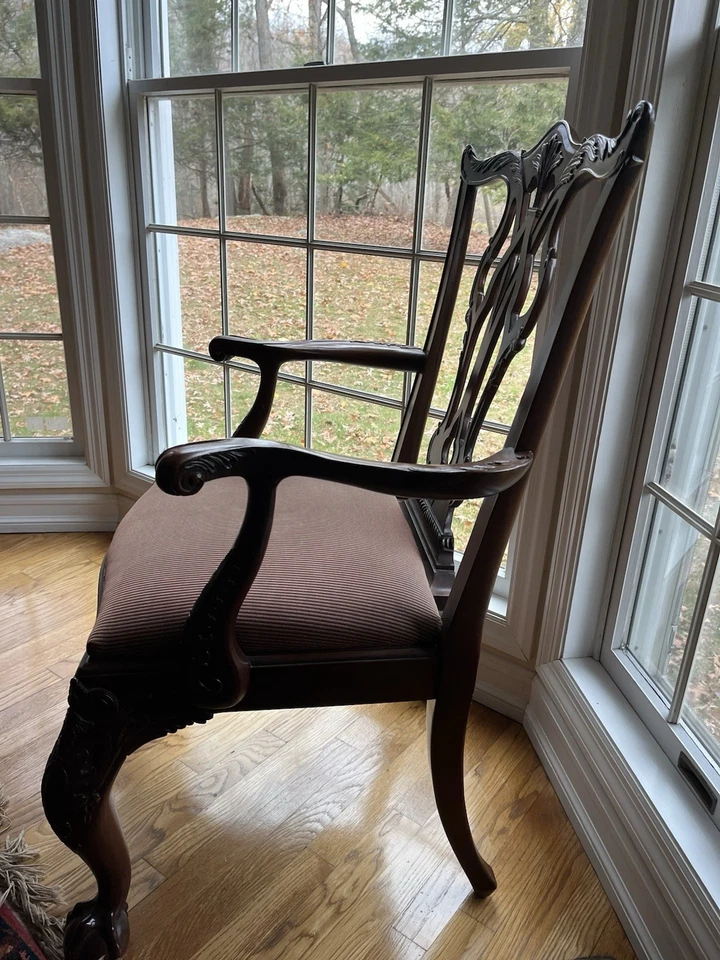 Vintage Chippendale Solid Mahogany Armchair Dining Chair Upholstered Seat - Image 4 of 4