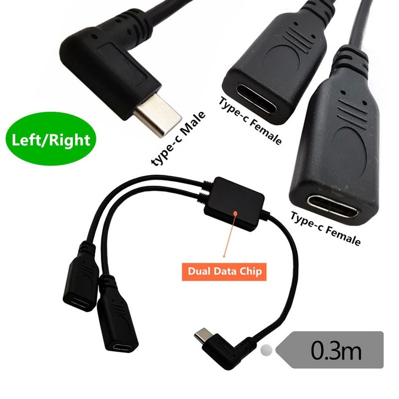Type C B 3.1 Angled Male to 2 Female Extension Data Charger Y Splitter