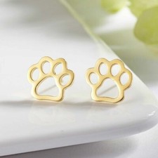 New Yellow Gold Stainless Steel Animal Dog Cat Cutout Paw Print Stud Earrings