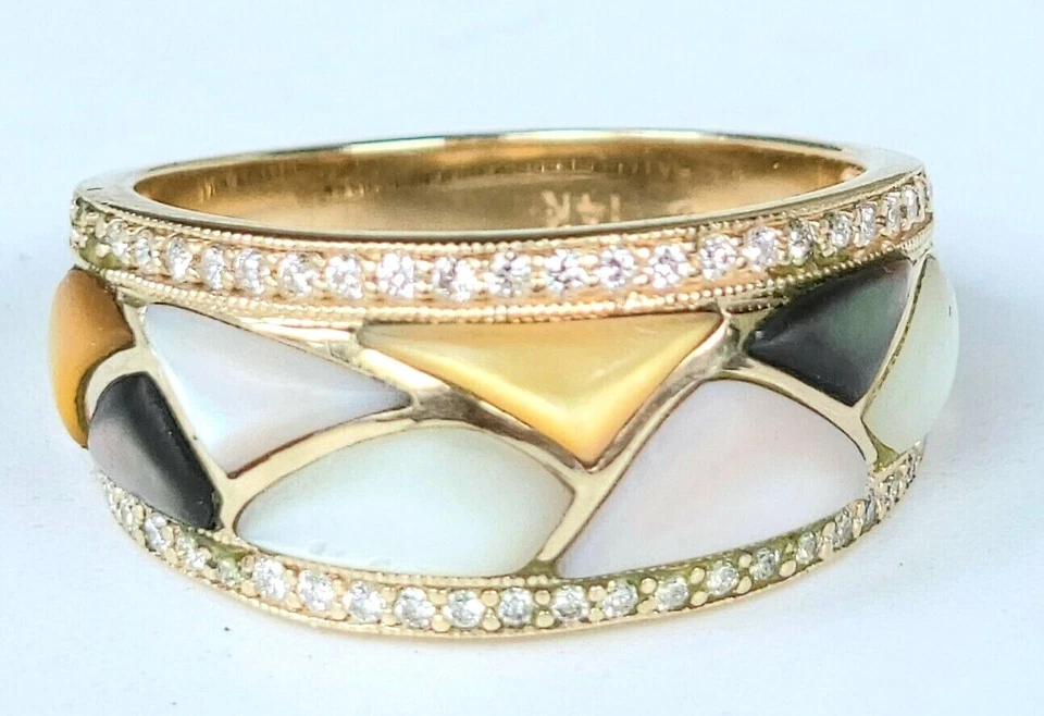 Anillo Kabana Oro 14k Diamante Madreperla Piedras Preciosas Banda-Joyería Estatal 8.9g Foto 3 de 4