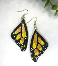 Handmade, Hand painted Yellow Butterfly Wing Earrings Lightweight Leather