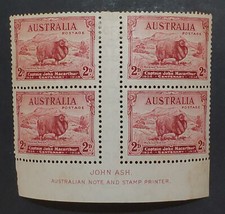 AUSTRALIA. GV. 1934. Capt. Macarthur 2d Ash imprint block of 4. Fine mint.