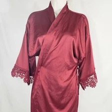 SIORO Women Sz L Large Red Satin Robe Lace Kimono Robes Bridesmaid Wedding Party