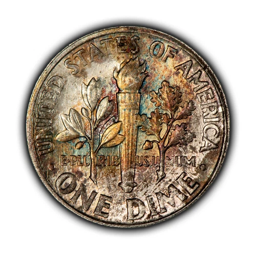 1961 10c Roosevelt Silver Dime - Rainbow Accent Toning - BU - SKU-Z5034