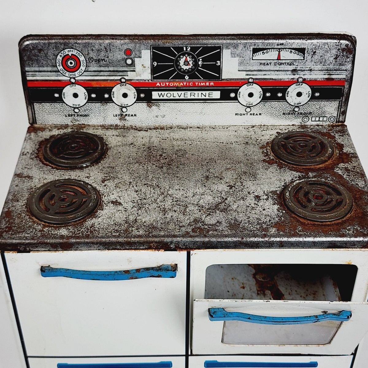 Sale ヴィンテージ ニチハン　アンティークPT ３DR 　キャビ　昭和レトロ VINTAGE WOLVERINE TIN STOVE OVEN LITHOGRAPH JACK JILL BLUE PINK