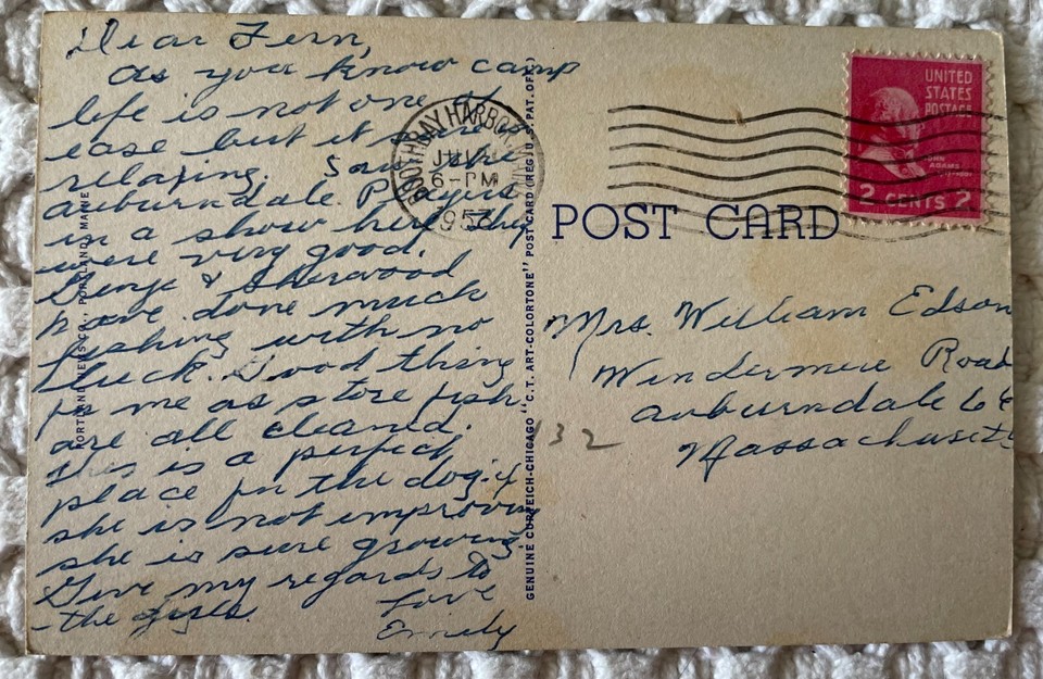 Southport Bridge, Southport Maine linen vintage postcard Classic Cars