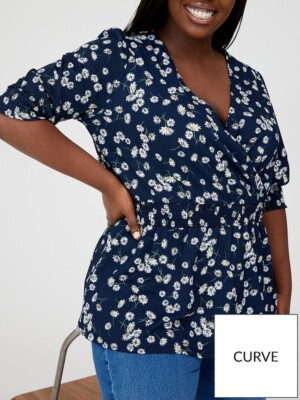 V By Very Curve Plus Shirred Waist Wrap Jersey Top Blue Floral Print UK Size 22