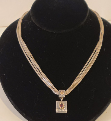 Sterling Silber 14k Halskette Multi Strang Edelstein Granat Statement Stück Blume