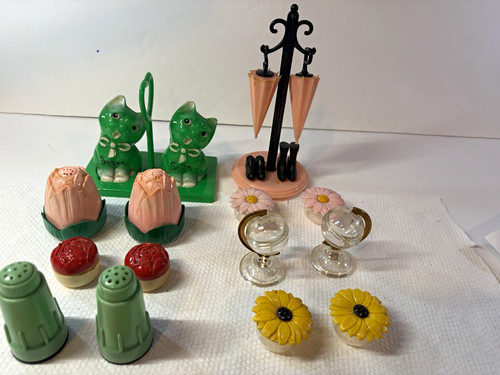 Vintage Mixed Salt & Pepper Shakers Lot w/ Holder Stand Multicolor 14pc