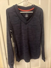 Cuddl Duds Womens Blue Active Flex Fit  V Neck Long Sleeve Stretch Shirt L