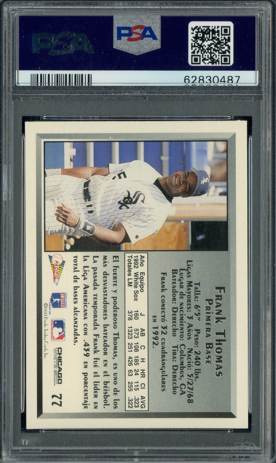 1993 Pacific Spanish #77 Frank Thomas Chicago White Sox HOF PSA 10 GEM MINT view 2