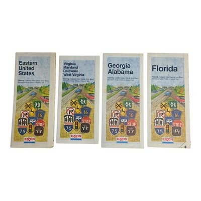 Lot Of 4 Vintage 80s Exxon Mobil Gas Road Maps FL GA AL VA MD WV DE Eastern US  
