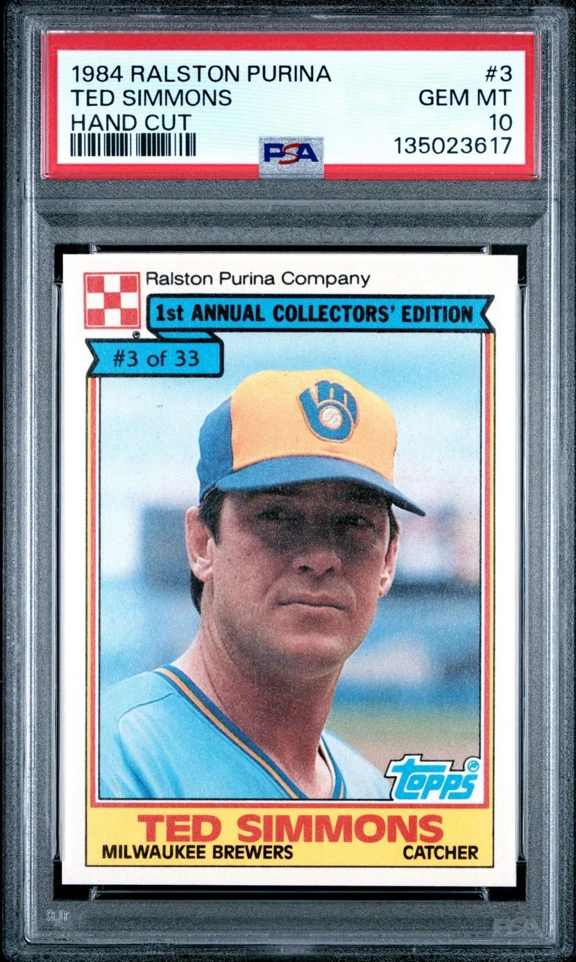 1984 RALSTON PURINA TED SIMMONS HAND CUT #3 MILWAUKEE BREWERS HOF PSA 10