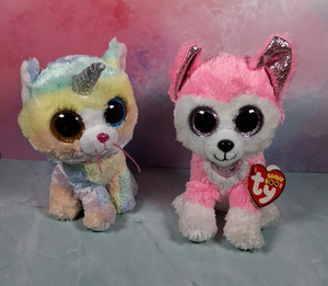 2 - TY BEANIE BOOS Pink Puppy HUNK Dog Rainbow Kitten Unicorn Cat HEATHER Plush