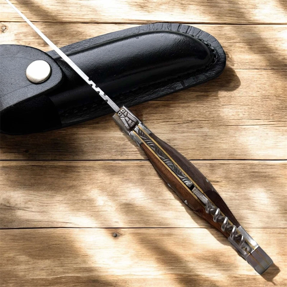 Vintage Laquiole Pocket Knife Blade Wood Handle Sheath Leather Corkscrew Men's - Image 4 of 4