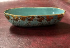 Vintage Art Pottery Oblong Bowl Turquoise Speckle Gold Splatter Raised Painted