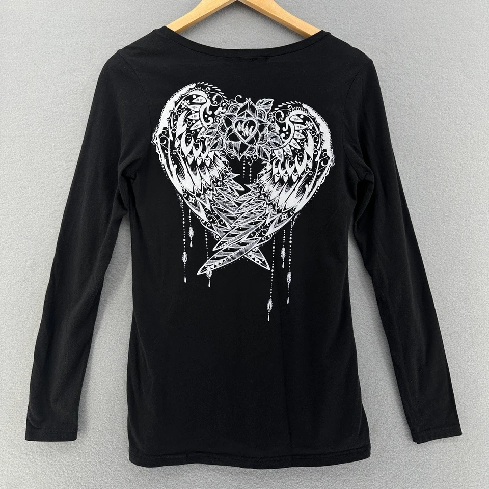Top Metal Mulisha Negro Manga Larga Cuello en V Alas Corazón Nativo Floral Talla M Moto Foto 3 de 4