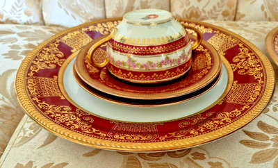 Limoges Neiman Marcus 4 Pc Red Gold Encrusted Place Setting Dinner Plate Saucer!