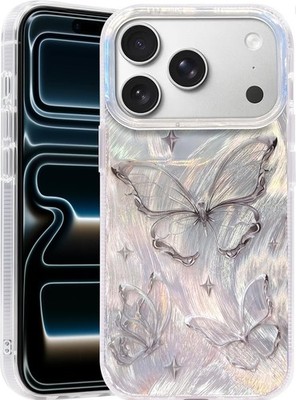 Compact Case for iPhone 17 Pro Max Shiny Silver Butterfly Design, Cute Trendy So